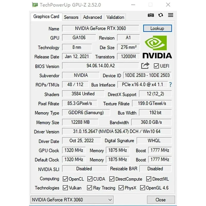 USED MLLSE Graphics Card NVIDIA GeForce RTX 3060 12 GB GDDR6