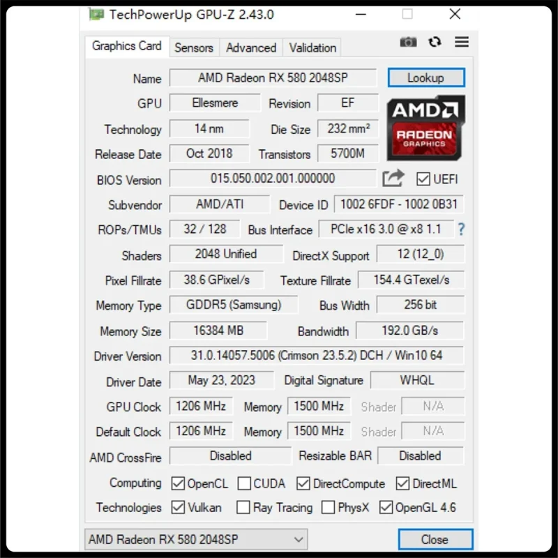 USED Kinology AMD RX 580 8G 16GB 2048SP Gaming Graphics Card GDDR5