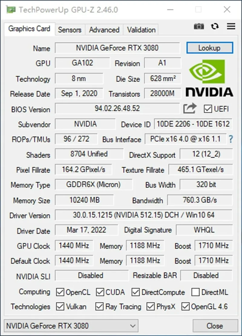USED RTX 3080 10GB Graphics Card GDDR6X 320 Bit PCI-E 4.0×16 8+8Pin